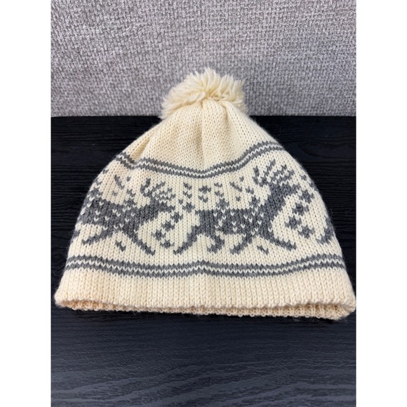 Vintage 70s-80s Dale of‎ Norway Wool Beanie Hat Reindeer Nordic Knit Cream Grey